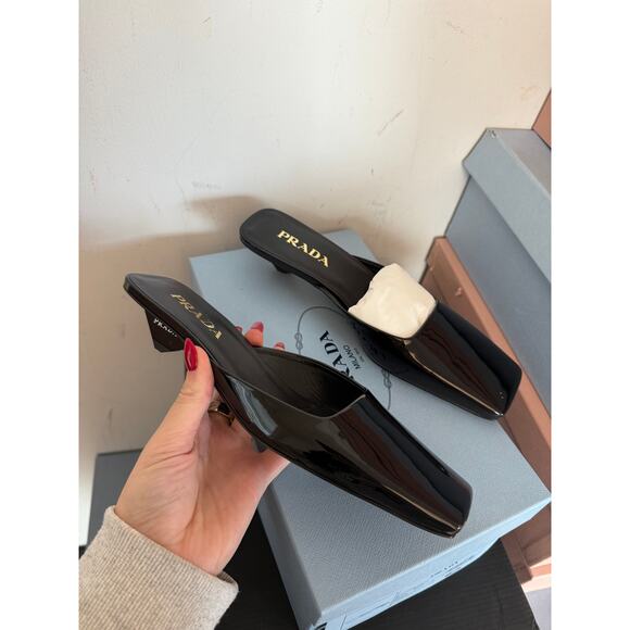 NWT Prada Slip-on Mules Black Patent Leather Square Toe Triangular Kitten Heels - Picture 4 of 8